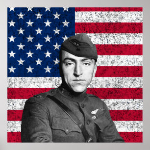 Póster Eddie Rickenbacker y la bandera estadounidense