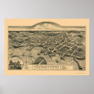 Póster Edgartown, MAMÁES Mapa Panorámico - 1886