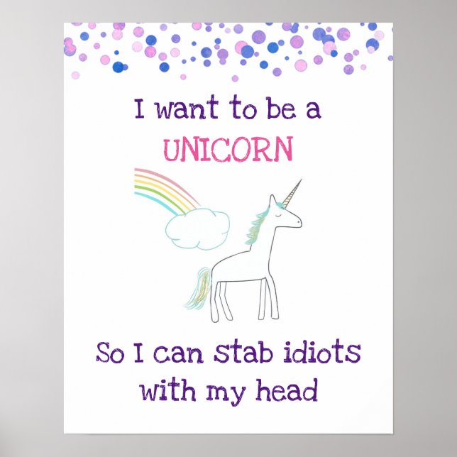 Póster Edgy Unicorn con arcoiris y confetti graciosos (Frente)