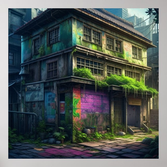 Póster Edificio Abandonado con Grafitis Morados Decadenci (Frente)