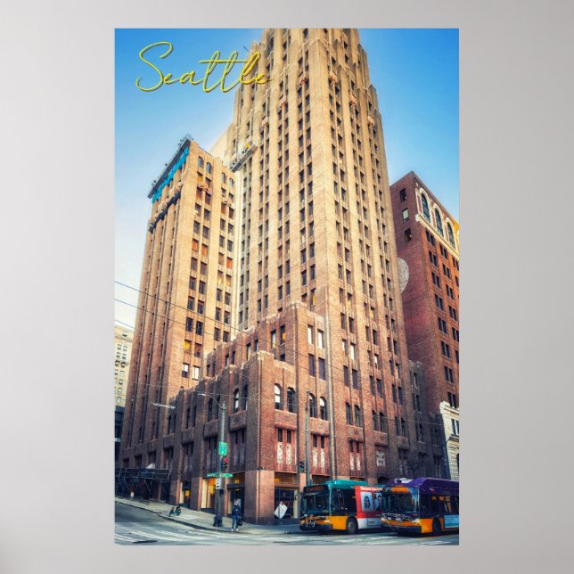 Póster Edificio alto de ladrillo icónico de Seattle vista (Frente)
