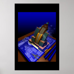 Póster Edificio Art Deco que emerge de la huella azul