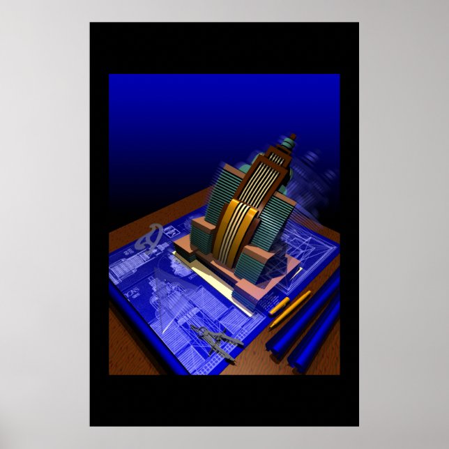 Póster Edificio Art Deco que emerge de la huella azul (Frente)