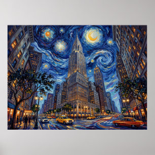 Póster Edificio Chrysler Nueva York Bajo Noche Estrellada