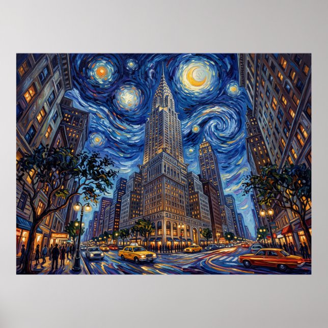 Póster Edificio Chrysler Nueva York Bajo Noche Estrellada (Frente)