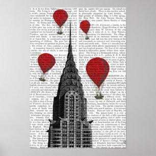 Póster Edificio Chrysler y globos de aire caliente rojo
