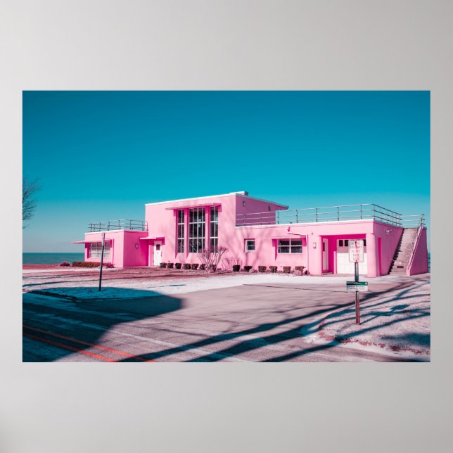 Póster Edificio de hormigón rosa bajo un cielo azul claro (Frente)