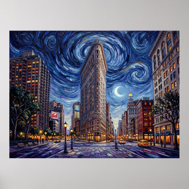 Póster Edificio Flatiron Nueva York bajo la noche estrell (Frente)