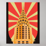 Póster Edificio Icónico Retro Art Deco Americano<br><div class="desc">Este edificio de estilo Art Déco presenta un gran edificio retro con un fondo rojo y blanco roto detrás del edificio. #building #tower #retro #artdeco #american #iconic #estructura #trendy #cool</div>