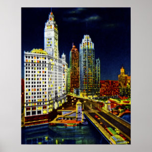 Póster Edificios de Chicago Illinois Wrigley por noche