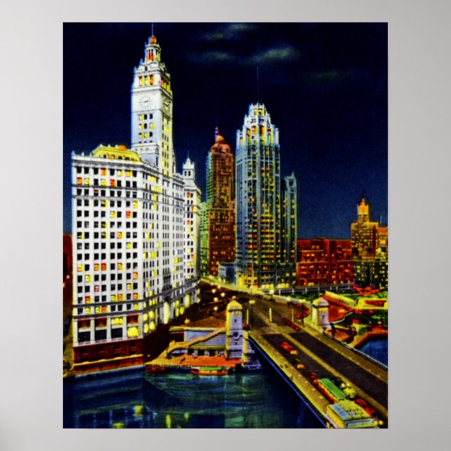 Póster Edificios de Chicago Illinois Wrigley por noche (Frente)