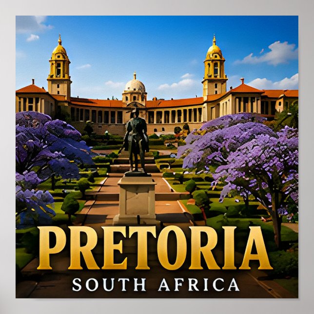 Póster Edificios de la Unión de Pretoria y flores de jaca (Frente)