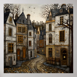 Póster Edificios rústicos de la antigua calle adoquinada