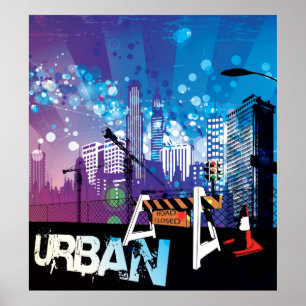 Póster Edificios urbanos con poster de carreteras cerrada