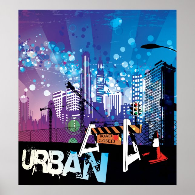 Póster Edificios urbanos con poster de carreteras cerrada (Frente)