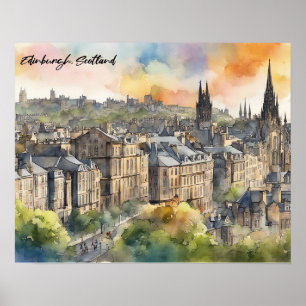 Póster Edinburgh Scotland Castle Watercolor Travel