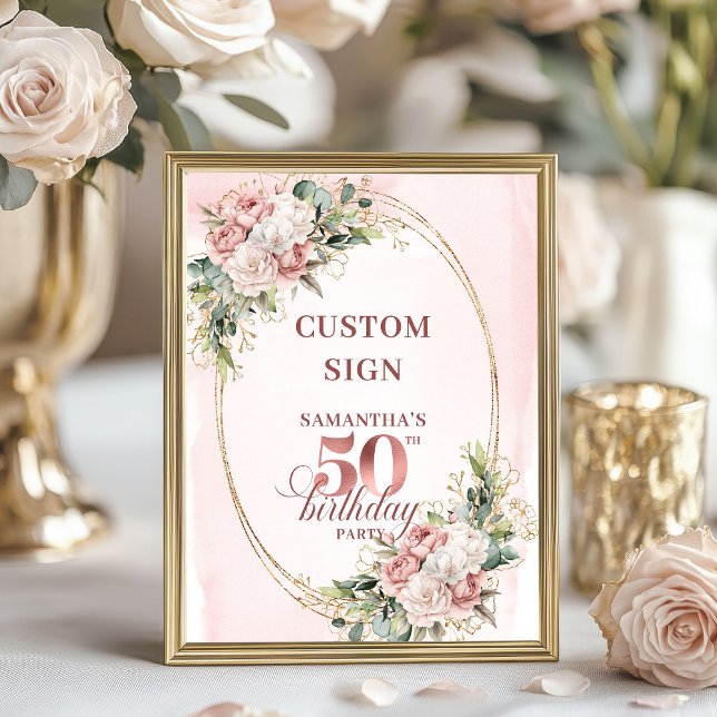 Póster Editable Blush Pink Greenery 50 Birthday Tabletop (Editable Blush Pink Greenery 50th Birthday Tabletop Sign)