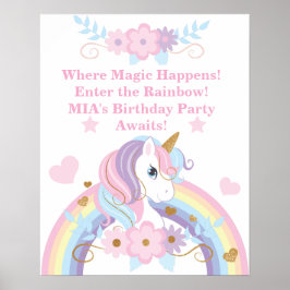 Póster editable de cumpleaños de unicornio arcoíri