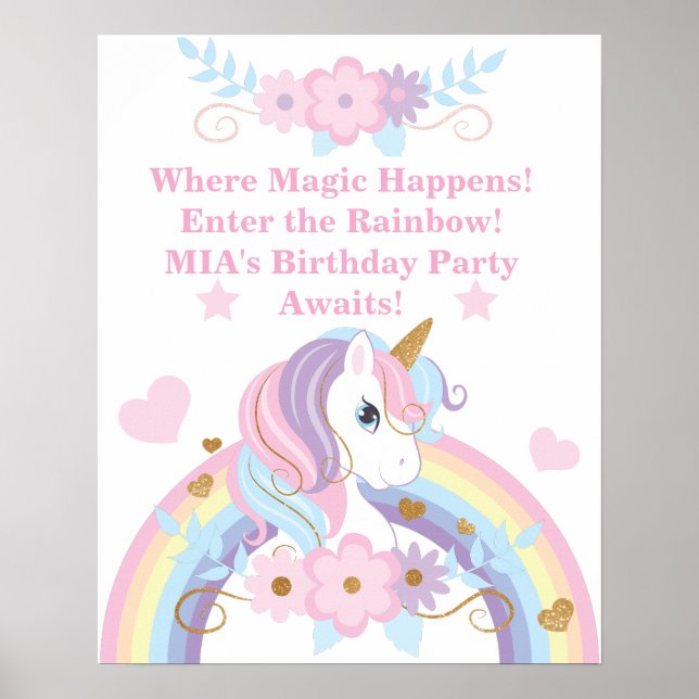 Póster editable de cumpleaños de unicornio arcoíri (Frente)