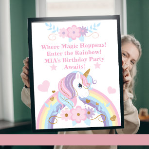 Póster editable de cumpleaños de unicornio arcoíri