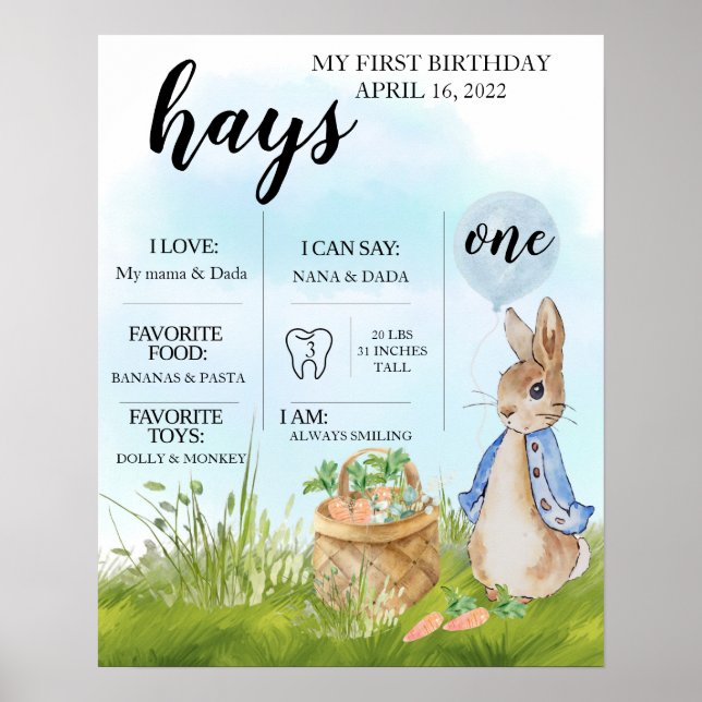 Póster Editable, gráfico de hitos, Peter Rabbit, Bunny, (Frente)
