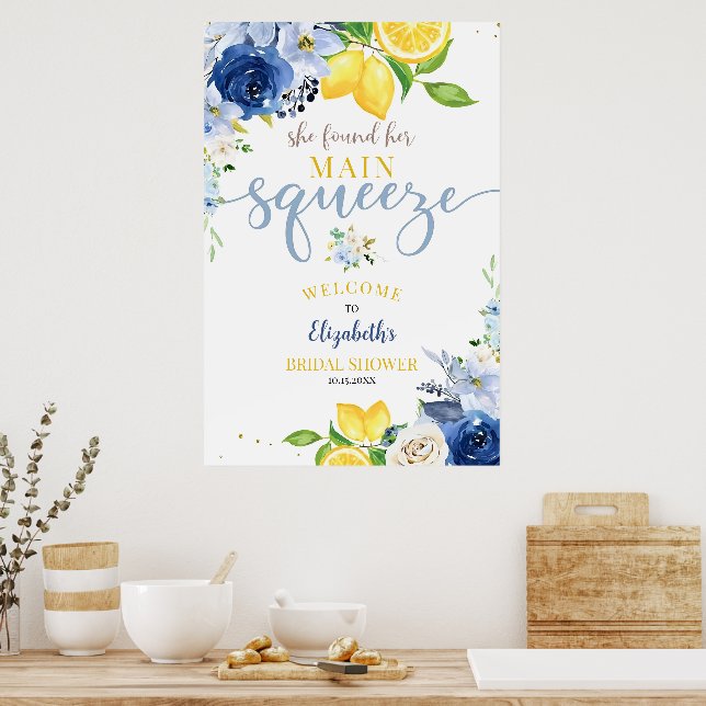 Póster Editable Lluvia de Novia de Limón Floral Azul Ella (Cocina)