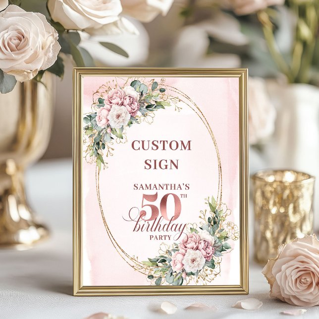 Póster Editable Luxury Rose Gold 50th Birthday Tabletop  (Editable Luxury Rose Gold 50th Birthday Tabletop Sign)