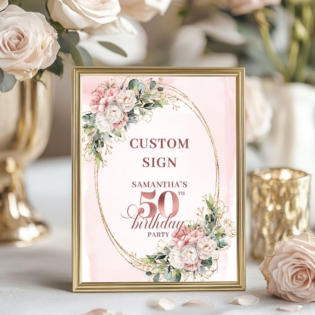 Póster Editable Minimal Blush Botánico Cumpleaños 50 8x10 (Editable Minimal Blush Botanical 50th Birthday 8x10 Sign)