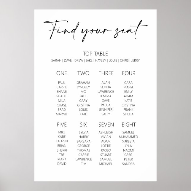 Póster Editable Minimal Style Wedding Seating Plan (Frente)