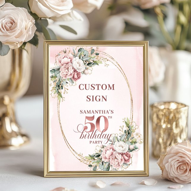 Póster Editable Soft Blush Botánico Cumpleaños 50 8x10  (Editable Soft Blush Botanical 50th Birthday 8x10 Sign)