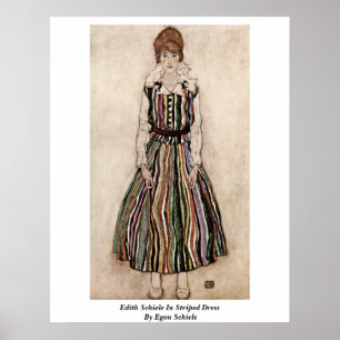 Póster Edith Schiele en vestido rayado de Egon Schiele