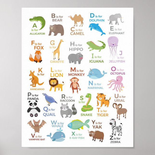 Póster Educativo para Niños Alfabeto Animal A - Z (Frente)