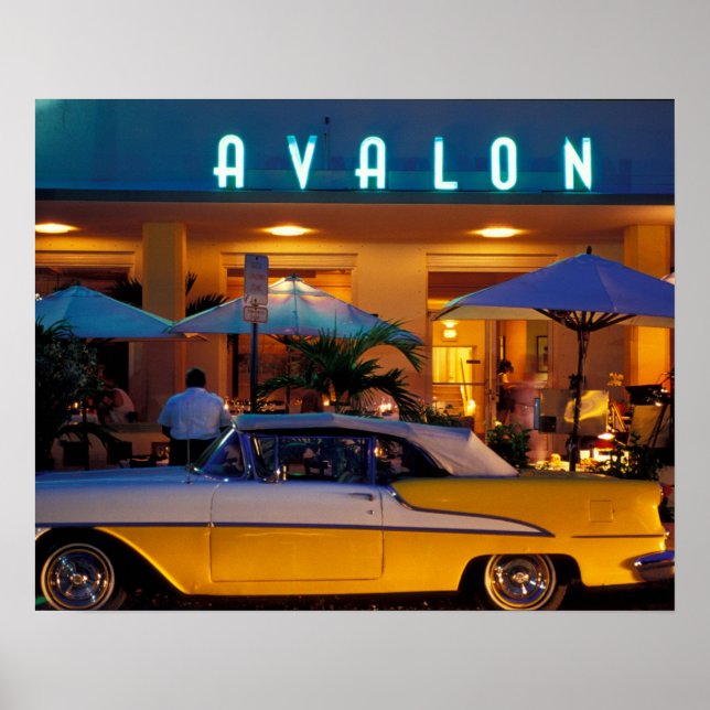 Póster EE. UU., FL, Miami, South Beach de noche. (Frente)