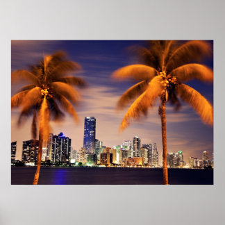 Póster EE.UU., Florida, Miami skyline al atardecer