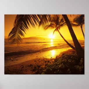 Póster EE. UU., Hawái, Maui, Atardecer colorido en un 2