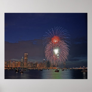 Póster EE. UU., Illinois, Chicago, fuegos artificiales de