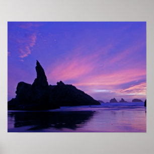Póster EE. UU., Oregón, playa Bandon. Silueta del mar