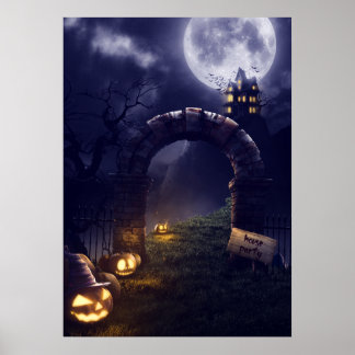 Póster Eerie Halloween Night Full Moon & Haunty House |