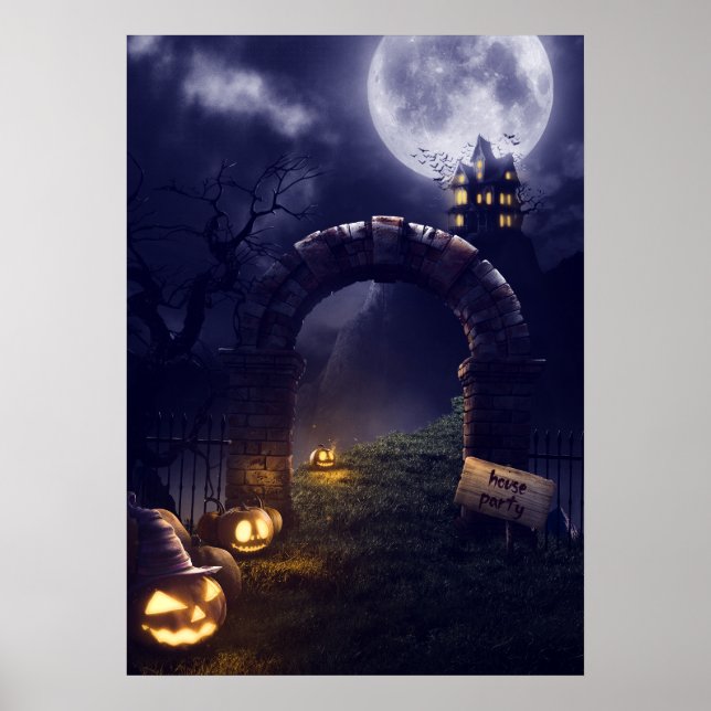 Póster Eerie Halloween Night Full Moon & Haunty House | (Frente)