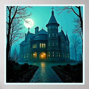 Póster Eerie Victorian Mansion Moonlight