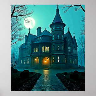 Póster Eerie Victorian Mansion Moonlight