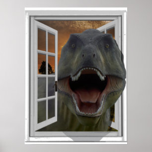 Póster Efecto de imagen 3D de dinosaurio T-Rex Ventana fa