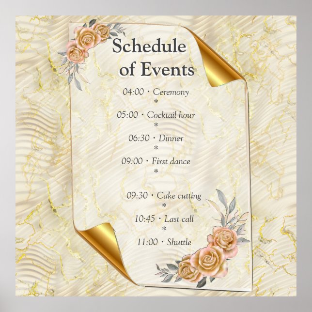 Póster Efecto ripeo elegante de oro y Rosas y pájaro (Frente)