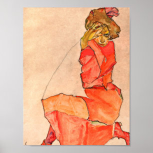Póster Egon Schiele - Mujer arrodillada Con Vestido Rojo