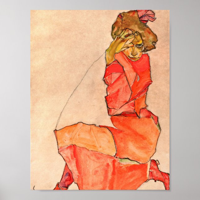 Póster Egon Schiele - Mujer arrodillada Con Vestido Rojo  (Frente)