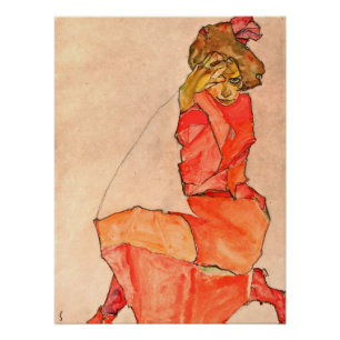 Póster Egon Schiele - Mujer arrodillada Con Vestido Rojo