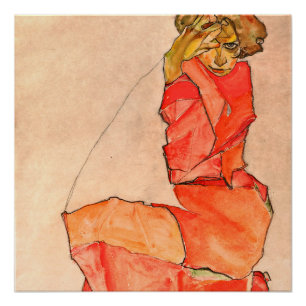 Póster Egon Schiele - Mujer arrodillada Con Vestido Rojo