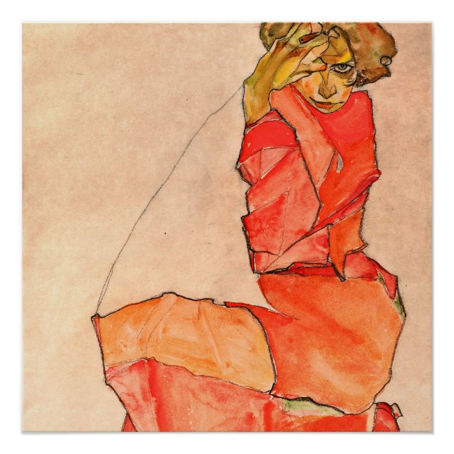 Póster Egon Schiele - Mujer arrodillada Con Vestido Rojo  (Anverso)