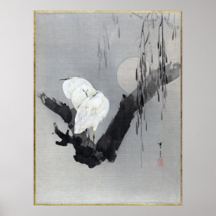 Póster Egrets de Watanabe Seitei en un árbol en la noche