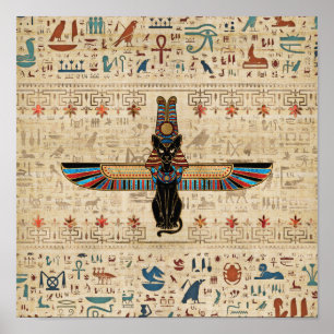 Póster Egyptian Cat - Bastet on papyrus